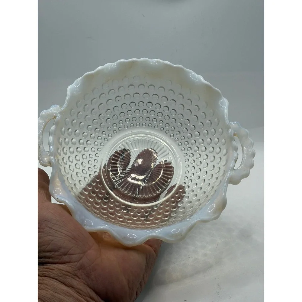 White Opalescent Hobnail Ruffled Double Handled Candy Dish Nappy Bowl
